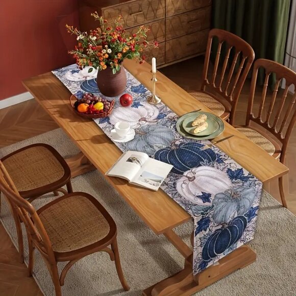 Thanksgiving Fall Linen Table Runner - Pumpkin and Maple Leaf Design -90" x 13" - Picture 3 of 9